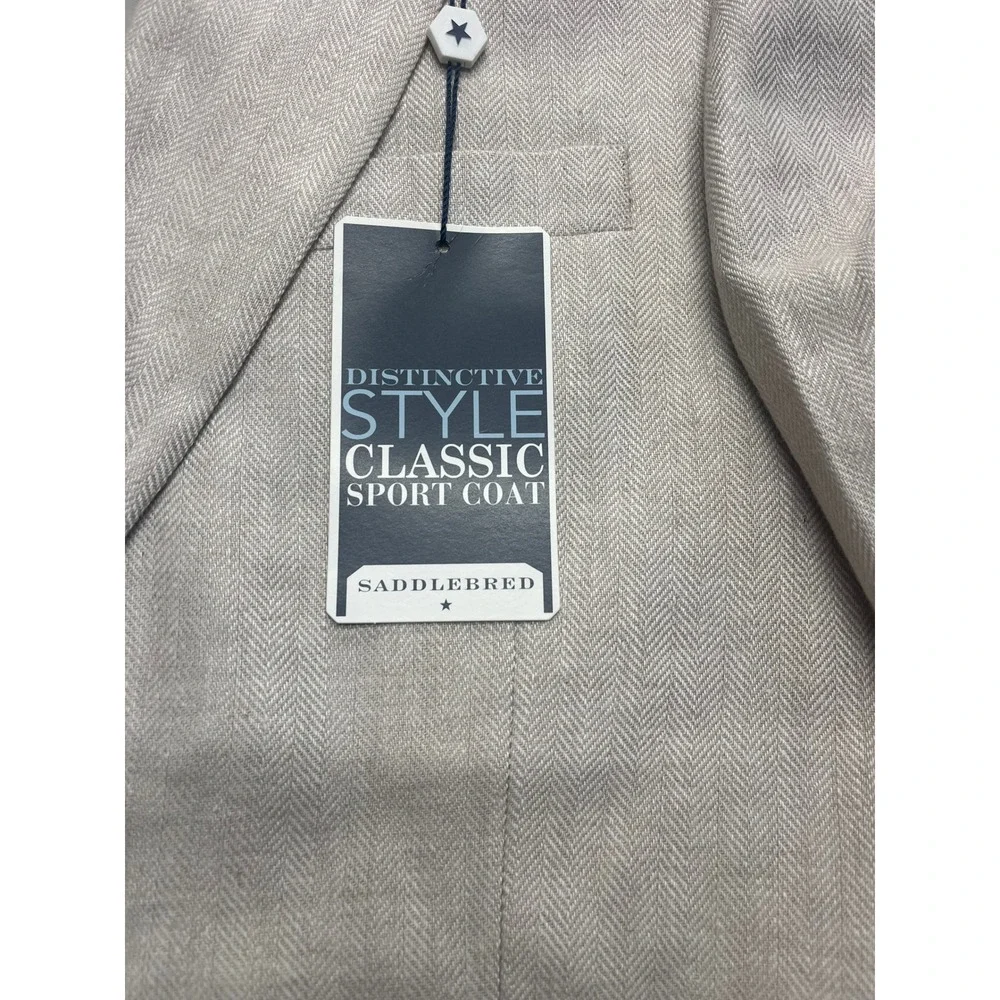 Saddlebred Mens 44R‎ Sport Coat Tan White Herringbone Linen Blend Blazer NWT